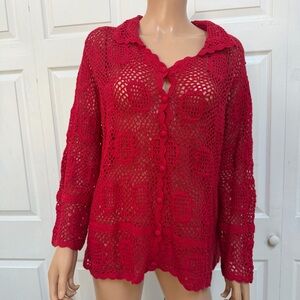 Monroe & Main Red Crochet Cardigan Women’s Plus Size 2X Long Sleeve Buttons